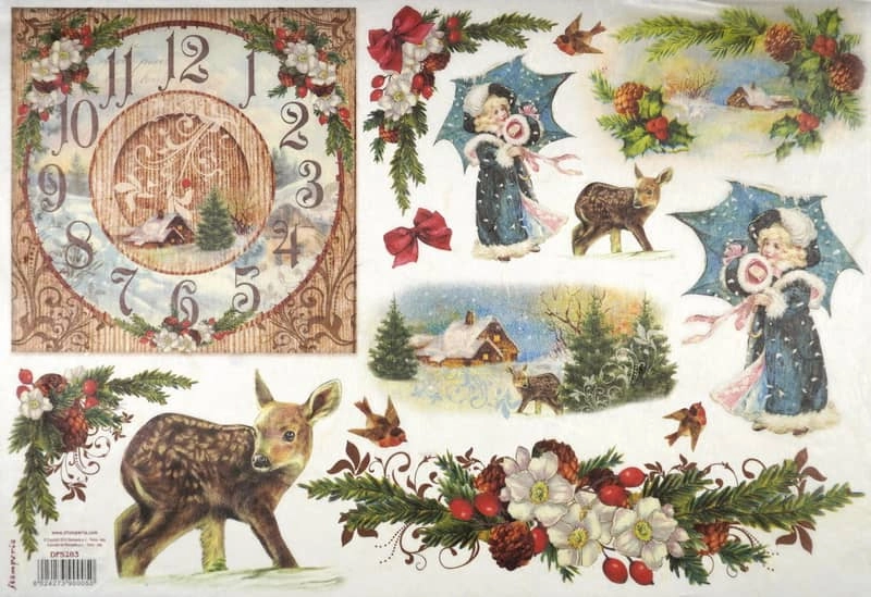 Stamperia Rice Paper 33x49cm  – X-mas Fawn and Clock DFS283
