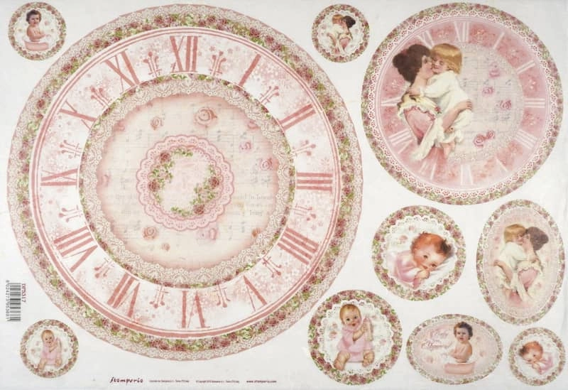 Stamperia Rice Paper 33x49cm – Baby Pink with Clock DFS317