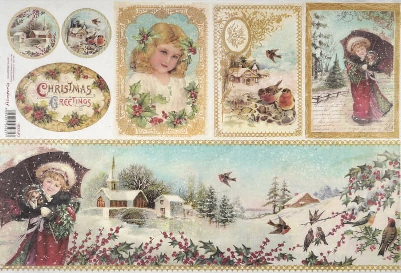 Stamperia Rice Paper 33x49cm – Christmas Greetings Girl with Umbrella DFS338